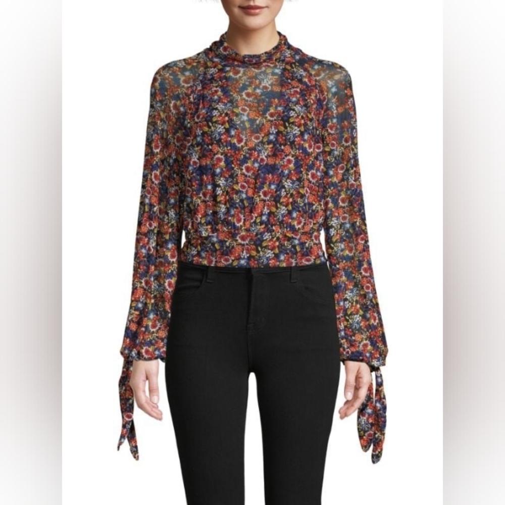 Free People All Dolled Up Sz S Boho Whimsigoth Dark Floral Mesh Blouse